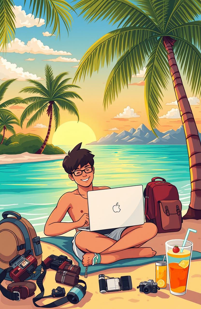 A vibrant illustration of a digital nomad lifestyle, showing a person working on a laptop in an exotic location, perhaps at a beach with palm trees and turquoise water