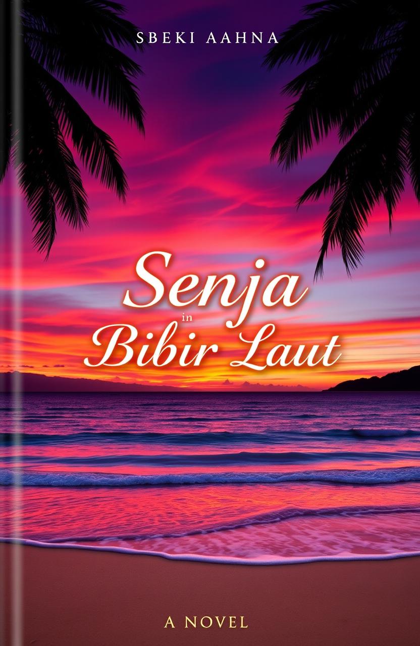 A stunning book cover design for a novel titled 'Senja di Bibir Laut'