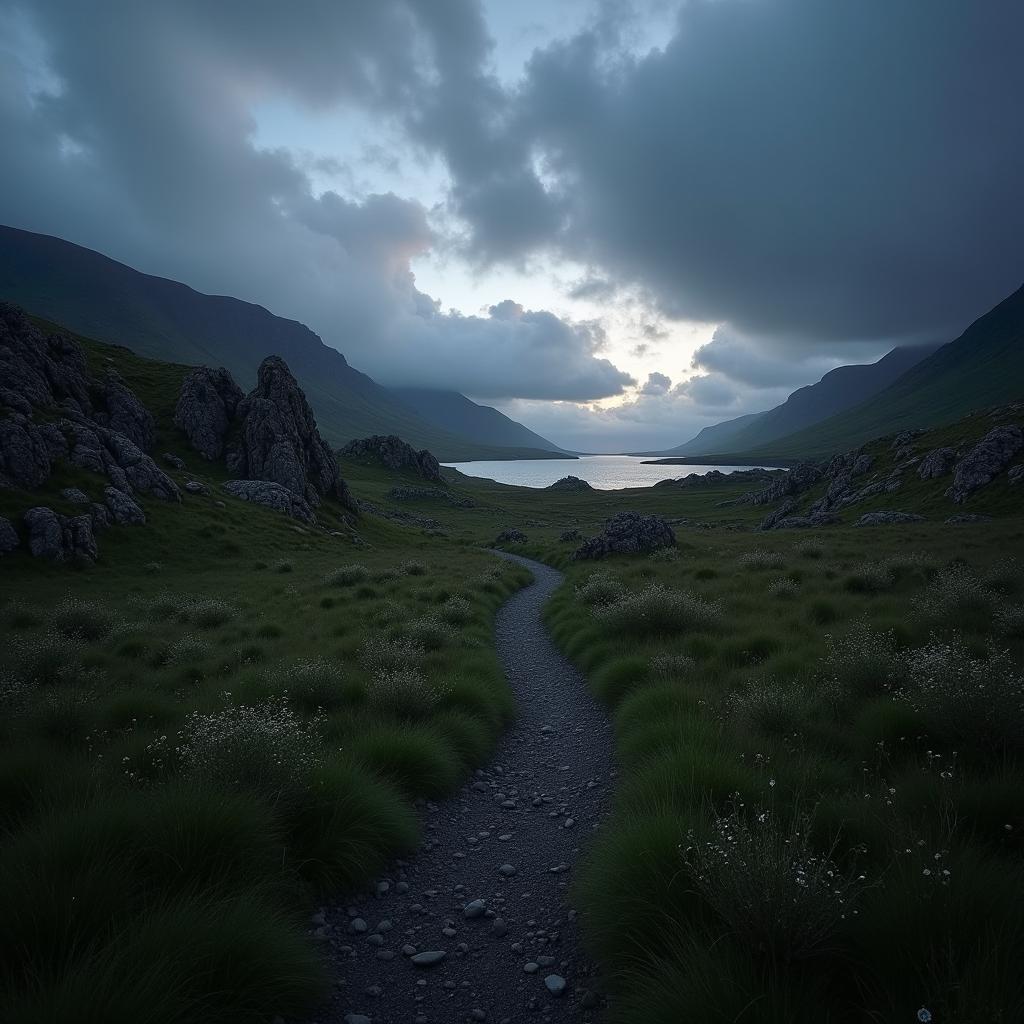 A shadowy Connemara landscape showcasing the rugged beauty of the Irish countryside