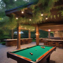 An outdoor billiard bar area, complete with pool tables, barstools, ambient lighting, and surrounded by trees and shrubs.