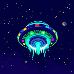 A vibrant pixel art representation of a UFO viewed from a superior angle, showcasing a detailed and colorful 32x32 grid