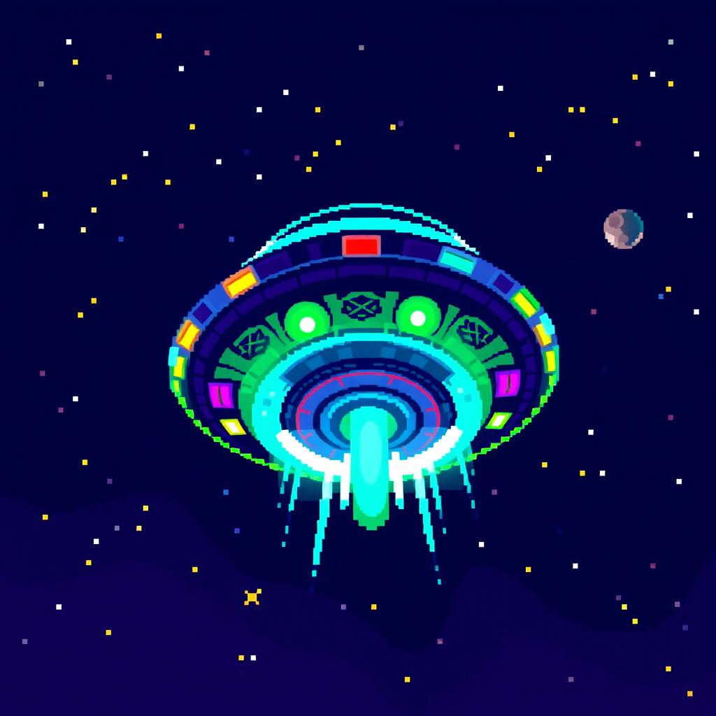 A vibrant pixel art representation of a UFO viewed from a superior angle, showcasing a detailed and colorful 32x32 grid