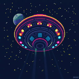 A vibrant pixel art representation of a UFO viewed from a superior angle, showcasing a detailed and colorful 32x32 grid