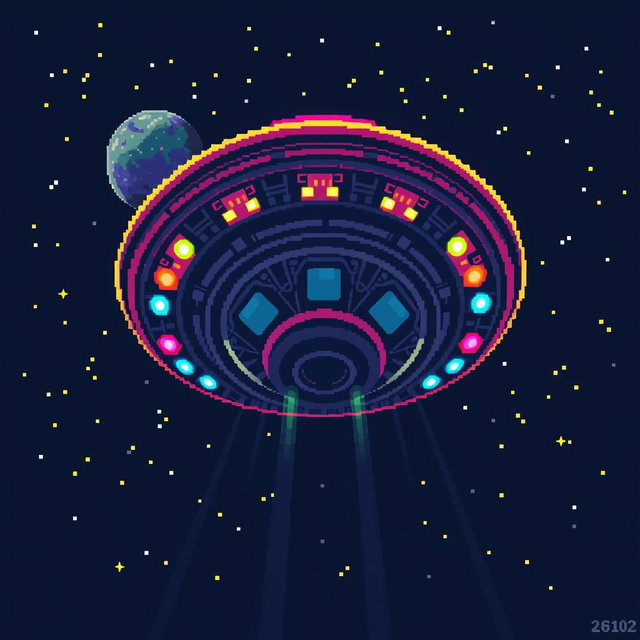 A vibrant pixel art representation of a UFO viewed from a superior angle, showcasing a detailed and colorful 32x32 grid