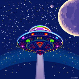 A vibrant pixel art representation of a UFO viewed from a superior angle, showcasing a detailed and colorful 32x32 grid