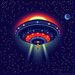 A vibrant pixel art representation of a UFO viewed from a superior angle, showcasing a detailed and colorful 32x32 grid