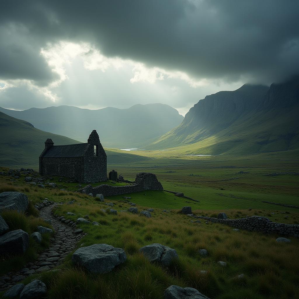A breathtaking Connemara landscape featuring a shadowy, historical building amidst rolling hills and rocky terrain