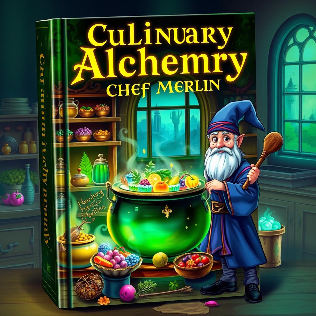 A captivating book cover design for 'Culinary Alchemy by Chef Merlin'