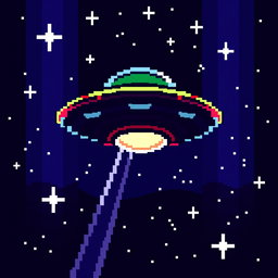 A pixel art depiction of a UFO viewed from above, featuring a classic flying saucer design with vivid colors