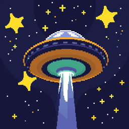 A pixel art depiction of a UFO viewed from above, featuring a classic flying saucer design with vivid colors