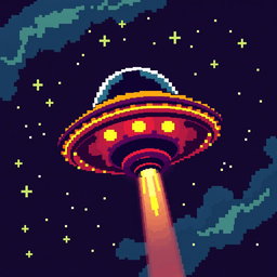A pixel art depiction of a UFO viewed from above, featuring a classic flying saucer design with vivid colors