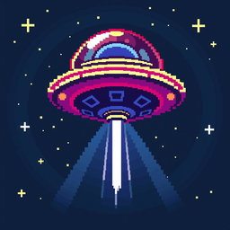A pixel art depiction of a UFO viewed from above, featuring a classic flying saucer design with vivid colors