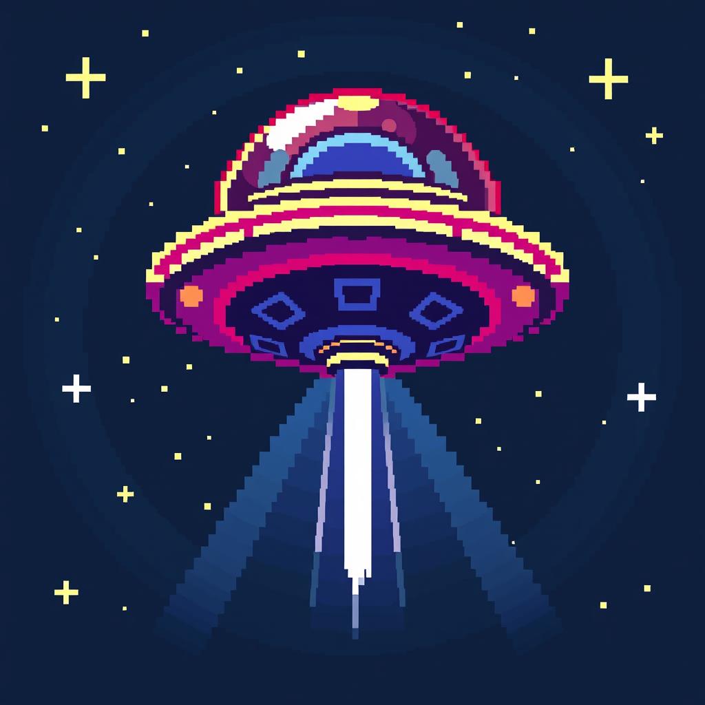 A pixel art depiction of a UFO viewed from above, featuring a classic flying saucer design with vivid colors