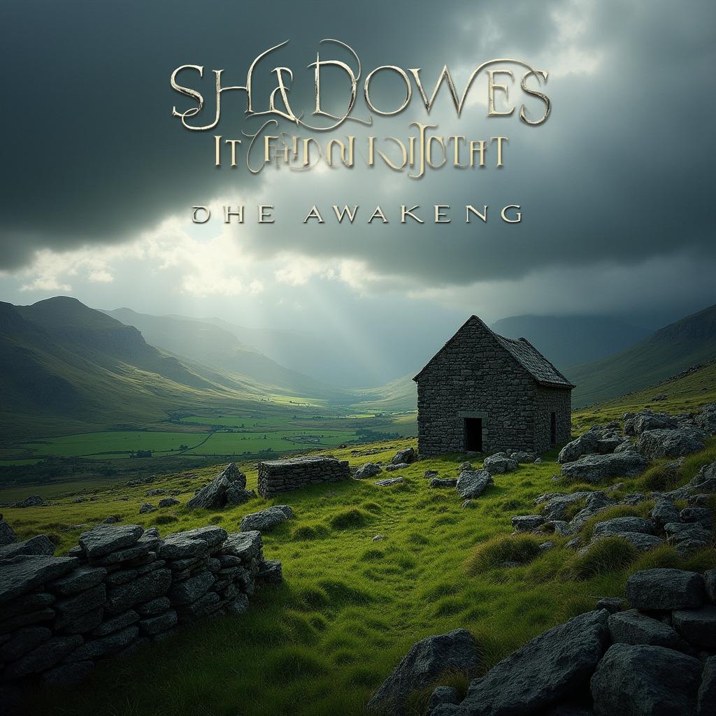 A breathtaking Connemara landscape featuring a shadowy, historical building amidst rolling hills and rocky terrain