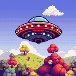 A vibrant pixel art scene depicting a UFO from a top-down view, showing intricate details like lights on the UFO's body and an array of colors in the design