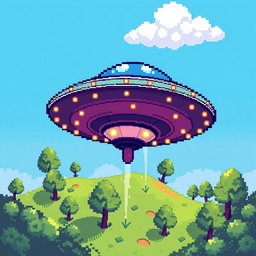 A vibrant pixel art scene depicting a UFO from a top-down view, showing intricate details like lights on the UFO's body and an array of colors in the design
