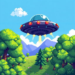 A vibrant pixel art scene depicting a UFO from a top-down view, showing intricate details like lights on the UFO's body and an array of colors in the design