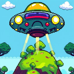 A vibrant pixel art scene depicting a UFO from a top-down view, showing intricate details like lights on the UFO's body and an array of colors in the design