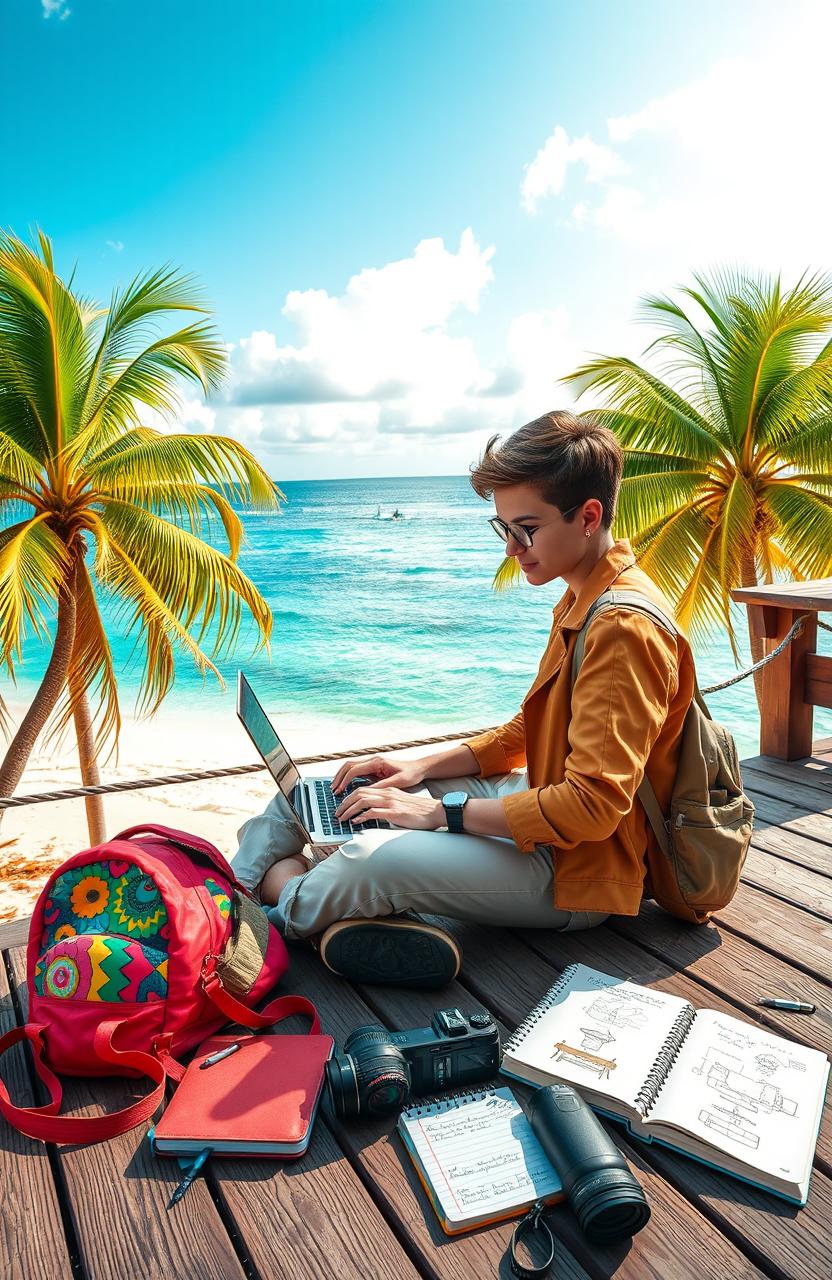 A vibrant and adventurous scene depicting a digital nomad working on a laptop in a beautiful, exotic location