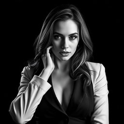 A Baltic politician captured in a bold black and white portrait conveying a sense of sexy confidence and allure, emphasizing her youthful energy at 20 years old