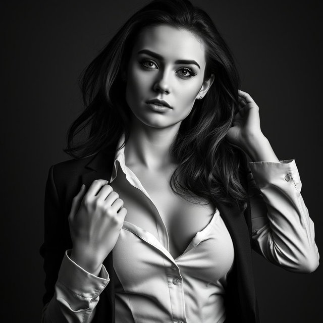 A Baltic politician captured in a bold black and white portrait conveying a sense of sexy confidence and allure, emphasizing her youthful energy at 20 years old