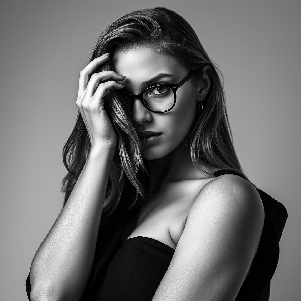 A Baltic politician captured in a bold black and white portrait conveying a sense of sexy confidence and allure, emphasizing her youthful energy at 20 years old