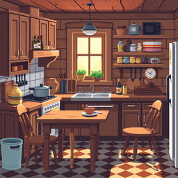 A cozy pixel art kitchen design, rendered in a 64x64 pixel format, featuring wooden cabinets, a rustic wooden dining table, and vintage kitchen utensils