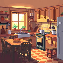 A cozy pixel art kitchen design, rendered in a 64x64 pixel format, featuring wooden cabinets, a rustic wooden dining table, and vintage kitchen utensils