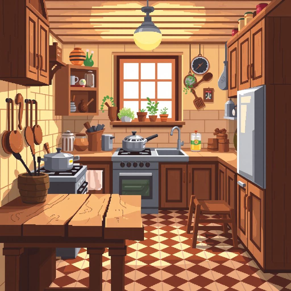 A cozy pixel art kitchen design, rendered in a 64x64 pixel format, featuring wooden cabinets, a rustic wooden dining table, and vintage kitchen utensils