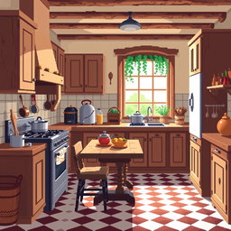 A cozy pixel art kitchen design, rendered in a 64x64 pixel format, featuring wooden cabinets, a rustic wooden dining table, and vintage kitchen utensils