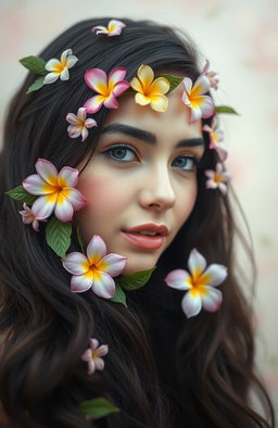 A close-up portrait of a woman's face, adorned with delicate flowers entwined in her hair and strategically placed on her cheeks