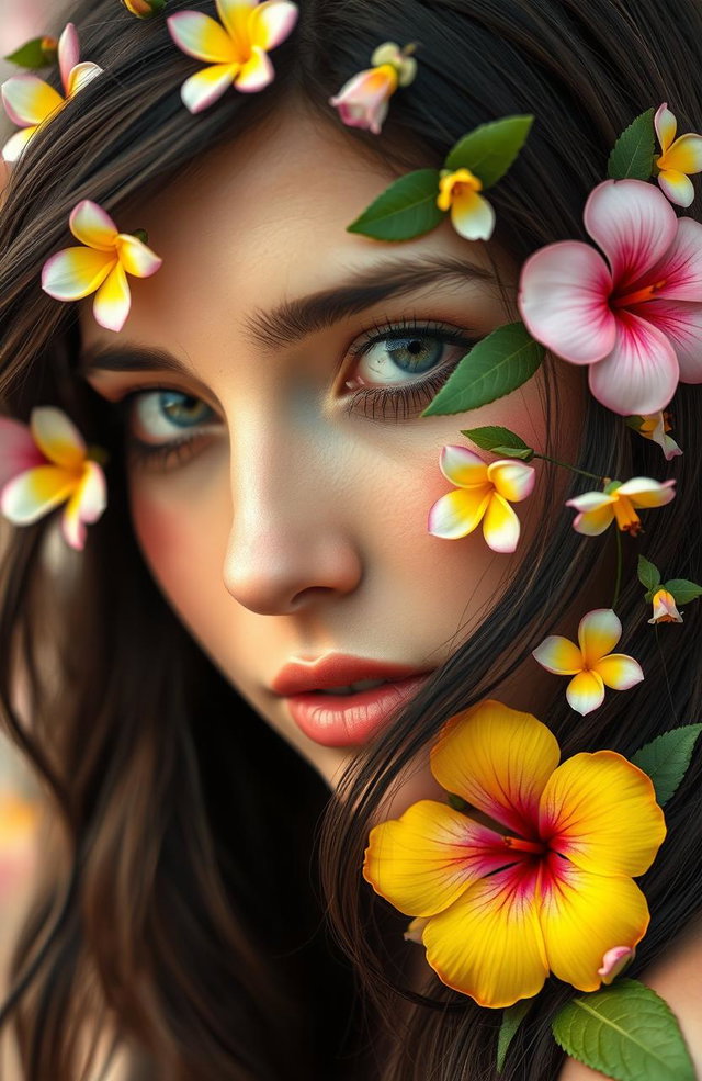 A close-up portrait of a woman's face, adorned with delicate flowers entwined in her hair and strategically placed on her cheeks