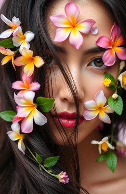 A close-up portrait of a woman's face, adorned with delicate flowers entwined in her hair and strategically placed on her cheeks
