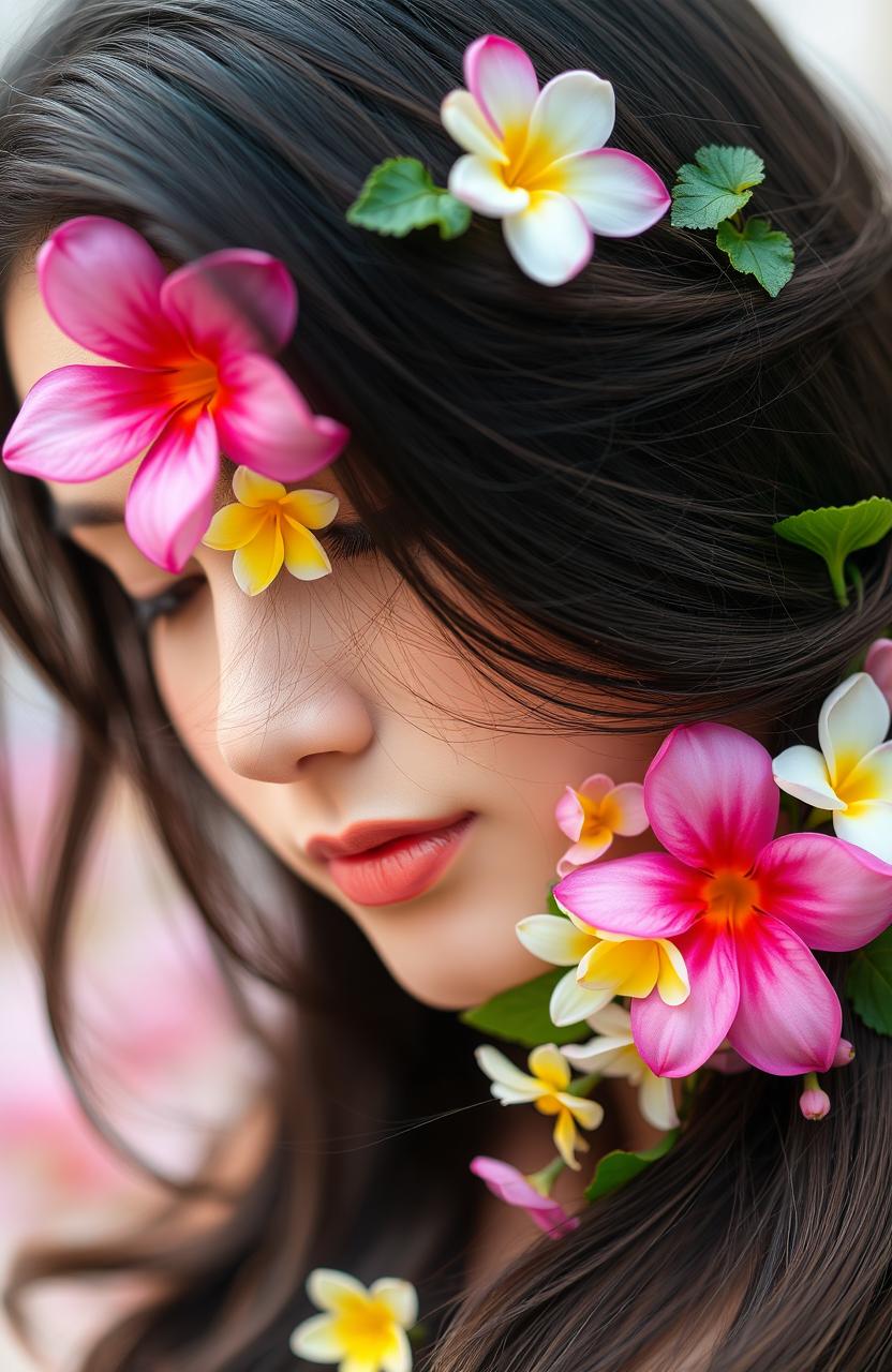 A close-up portrait of a woman's face, adorned with delicate flowers entwined in her hair and strategically placed on her cheeks