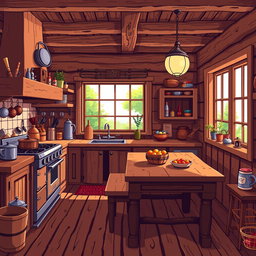 A detailed pixel art scene of a rustic kitchen made of wood, featuring wooden cabinets, a large dining table, a vintage stove, and various kitchen utensils