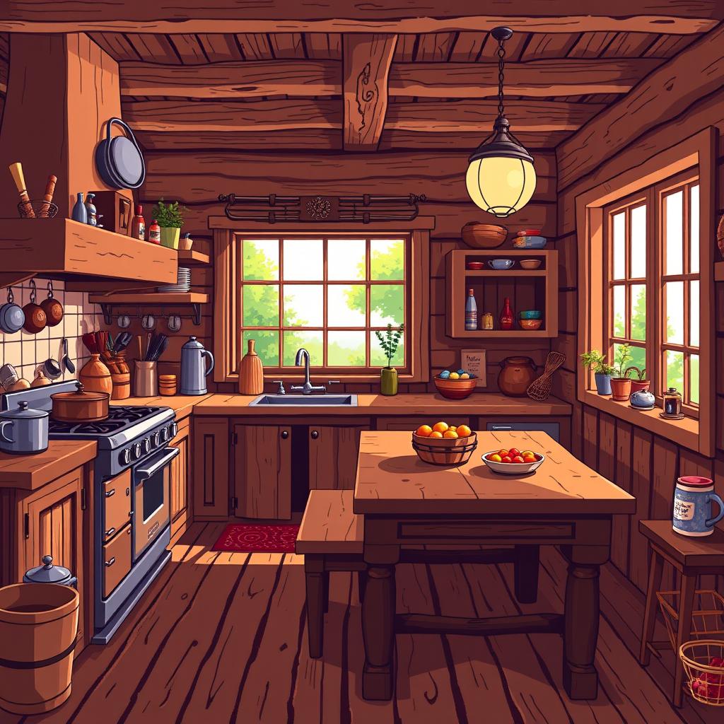 A detailed pixel art scene of a rustic kitchen made of wood, featuring wooden cabinets, a large dining table, a vintage stove, and various kitchen utensils