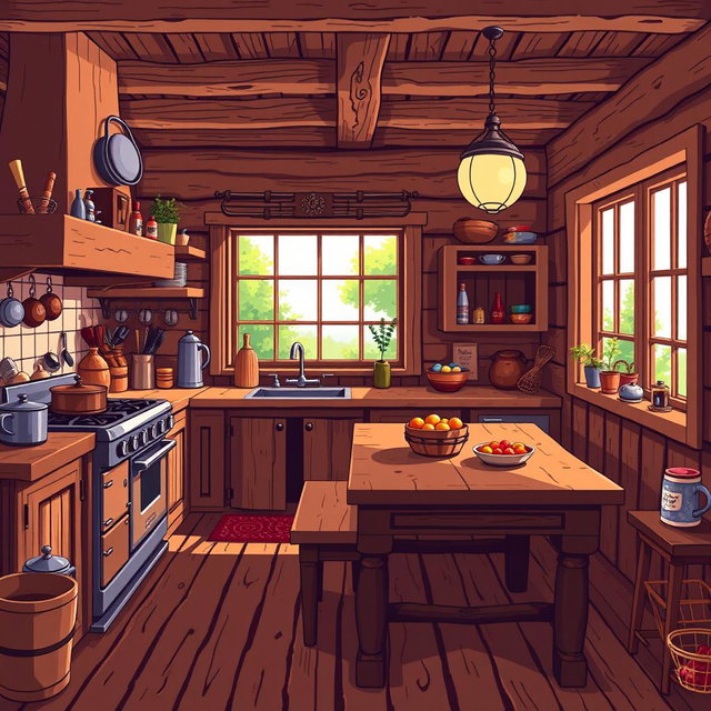 A detailed pixel art scene of a rustic kitchen made of wood, featuring wooden cabinets, a large dining table, a vintage stove, and various kitchen utensils