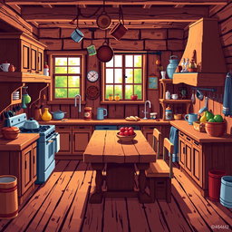 A detailed pixel art scene of a rustic kitchen made of wood, featuring wooden cabinets, a large dining table, a vintage stove, and various kitchen utensils
