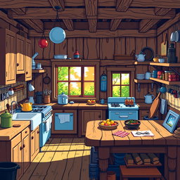 A detailed pixel art scene of a rustic kitchen made of wood, featuring wooden cabinets, a large dining table, a vintage stove, and various kitchen utensils