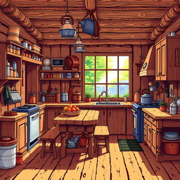 A detailed pixel art scene of a rustic kitchen made of wood, featuring wooden cabinets, a large dining table, a vintage stove, and various kitchen utensils