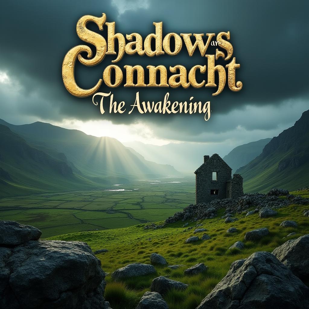 A breathtaking Connemara landscape featuring a shadowy, historical building amidst rolling hills and rocky terrain