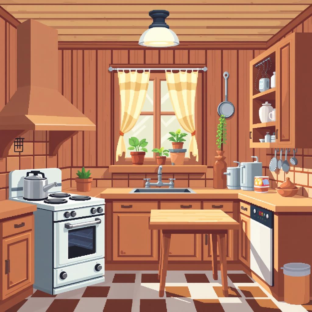 A cozy pixel art kitchen scene, featuring wooden cabinets, a classic stove, and a small wooden dining table