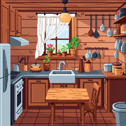 A cozy pixel art kitchen scene, featuring wooden cabinets, a classic stove, and a small wooden dining table