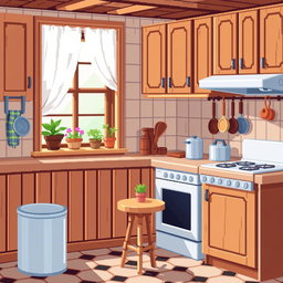 A cozy pixel art kitchen scene, featuring wooden cabinets, a classic stove, and a small wooden dining table