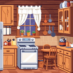 A cozy pixel art kitchen scene, featuring wooden cabinets, a classic stove, and a small wooden dining table