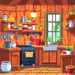 A vibrant pixel art scene of a wooden kitchen, featuring a rustic wooden counter with various cooking utensils, a stove, and shelves filled with colorful ingredients