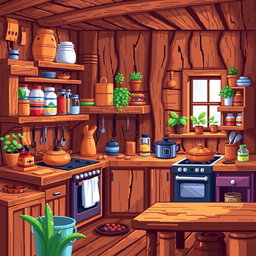 A vibrant pixel art scene of a wooden kitchen, featuring a rustic wooden counter with various cooking utensils, a stove, and shelves filled with colorful ingredients