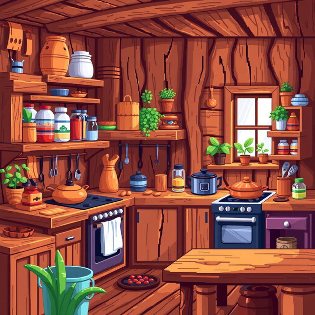 A vibrant pixel art scene of a wooden kitchen, featuring a rustic wooden counter with various cooking utensils, a stove, and shelves filled with colorful ingredients
