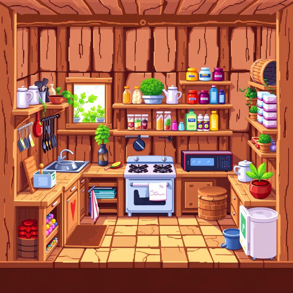 A vibrant pixel art scene of a wooden kitchen, featuring a rustic wooden counter with various cooking utensils, a stove, and shelves filled with colorful ingredients