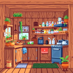 A vibrant pixel art scene of a wooden kitchen, featuring a rustic wooden counter with various cooking utensils, a stove, and shelves filled with colorful ingredients